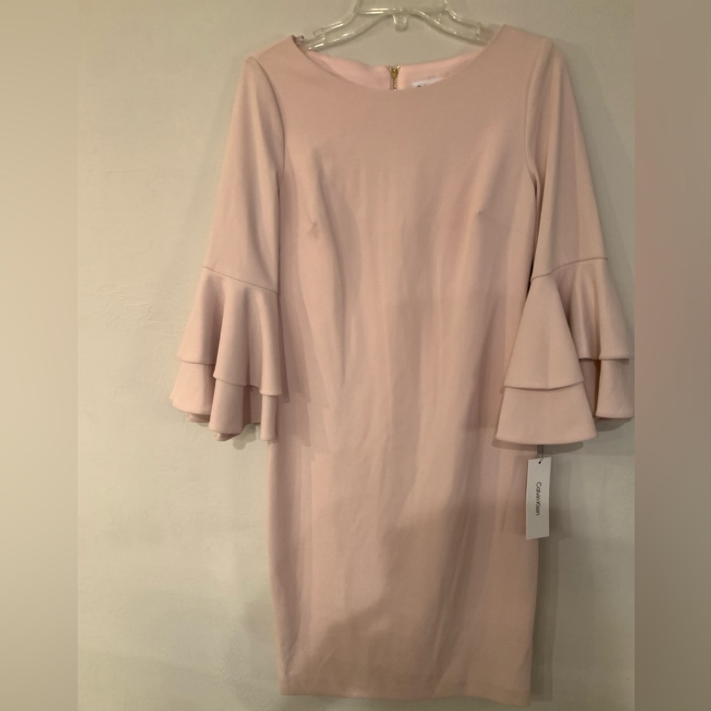Calvin Klein Pale Pink Tiered Ruffle Sleeve Sheath Dress NWT Size 10